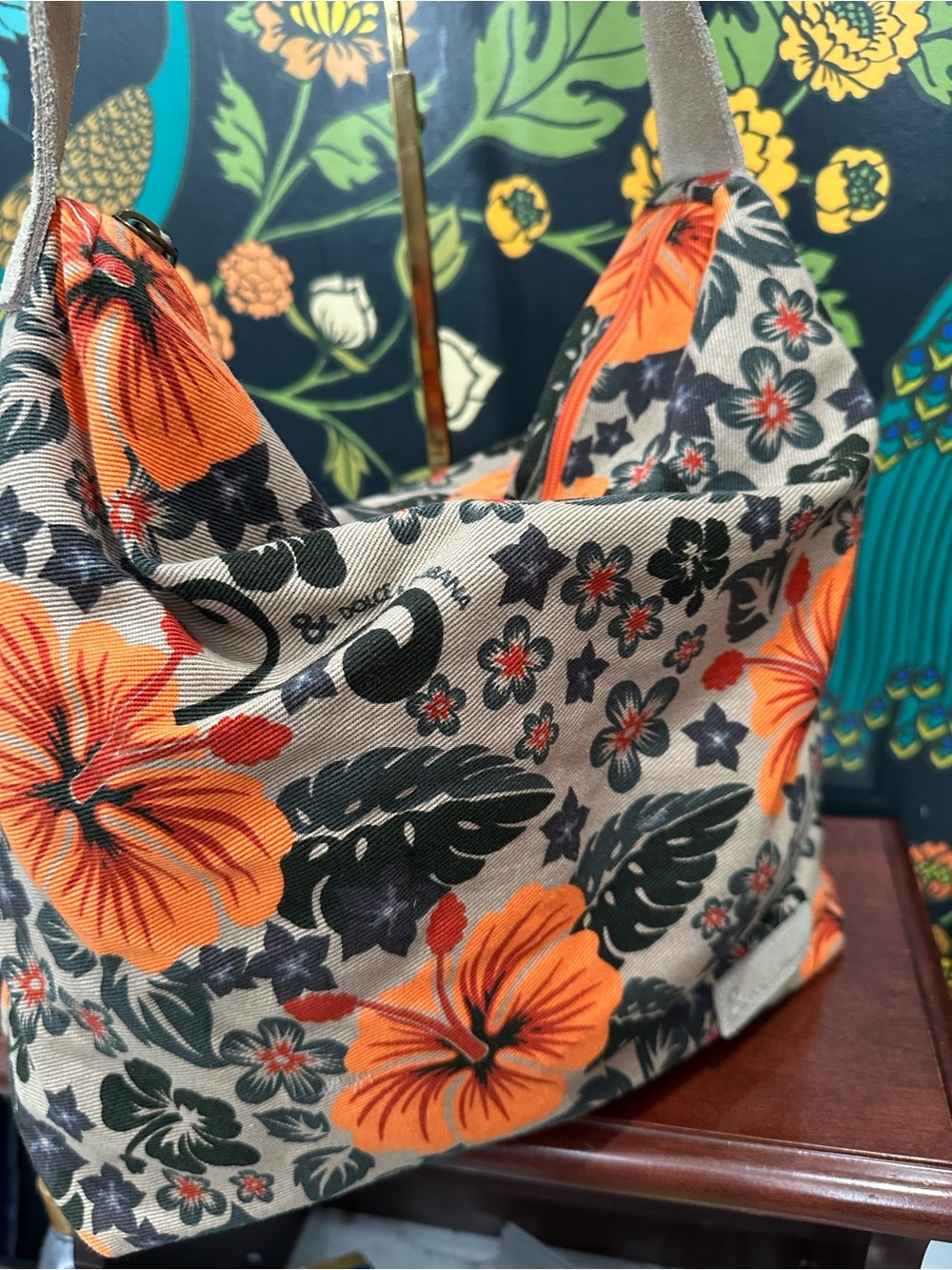 Dolce & Gabbana Floral Canvas Hobo Shoulder Bag Orange Hibiscus Print Italy - Picture 9 of 16